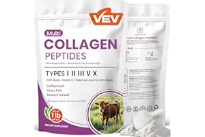 VEV Multi Collagen Peptides Powder, 16 oz (41 Servings) – Type I, II, III, V, X, Hydrolyzed Collagen, Hyaluronic Acid Power, Biotin, Vitamin C, Supports Skin, Unflavored, Dissolves Easily
