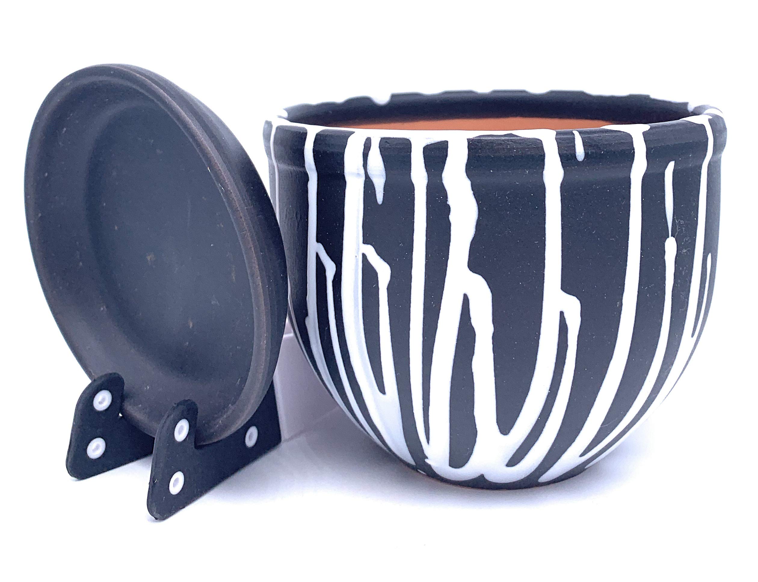 Ceramic Plant Pot Glazed with Saucer Round Terracotta with Drip Tray Flower Pot Clay Coloured Flower Pot Standard (12cm x 10cm, Black/White Stripes)
