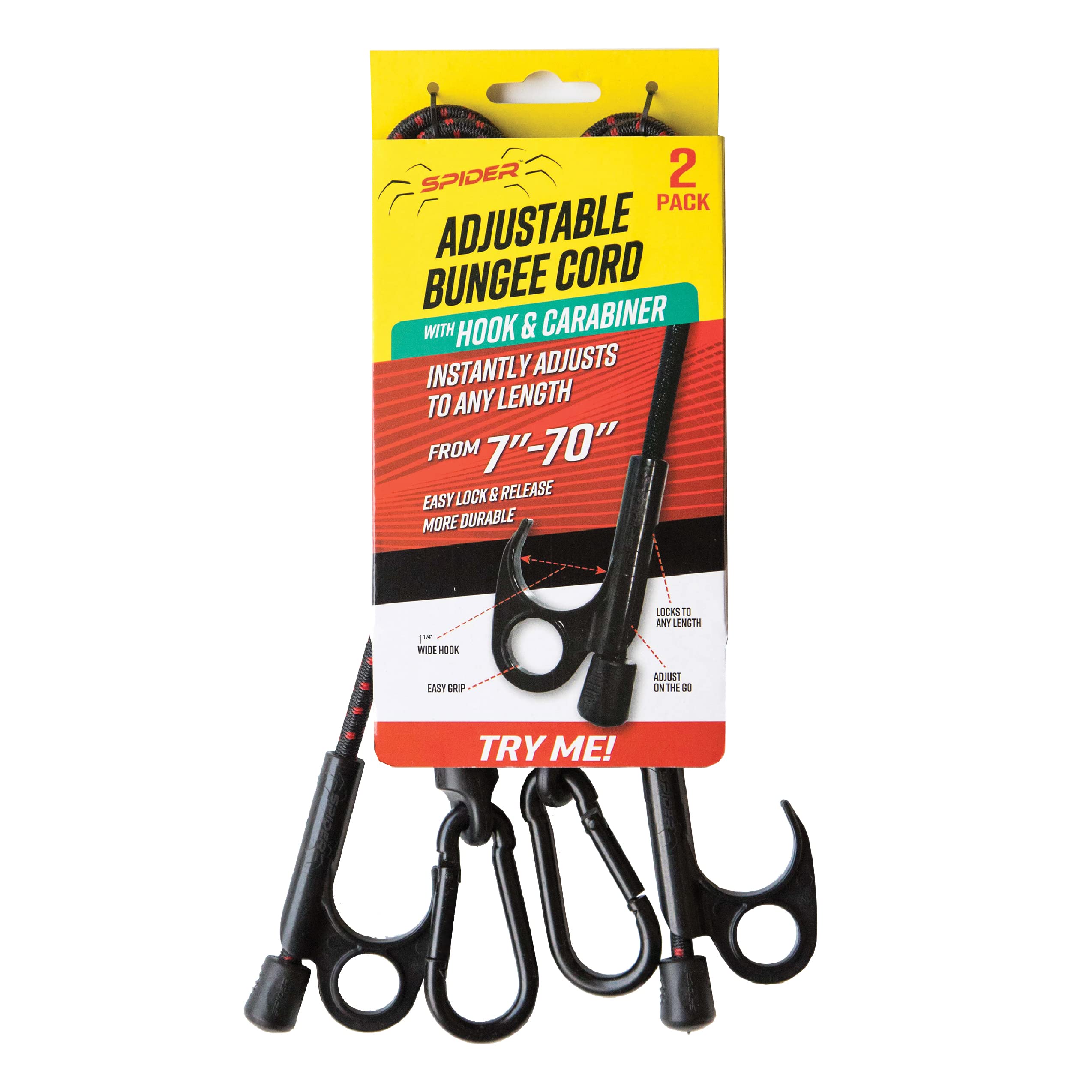 Spider Adjustable Bungee Cord with Hook and Carabiner – Heavy Duty Tie Down Bungee Straps for Camping, Tarp, Outdoor, Bike Rack, Luggage and Marine Use – 48” Unstretched, 7”-70” Stretched (2 Pack)