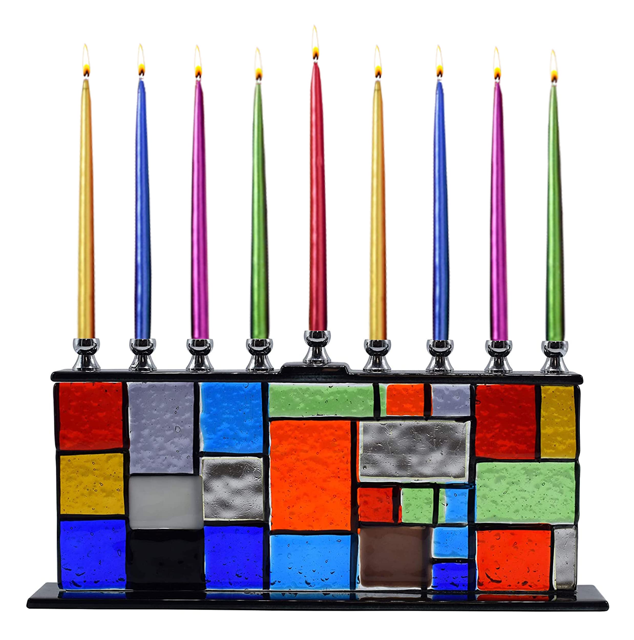 Ner Mitzvah Glass Hanukkah Menorah - Wall of Unity Multicolored Chanukah Menorah - Handcrafted Painted Glass Menorah - Fits All Standard Chanukah Candles