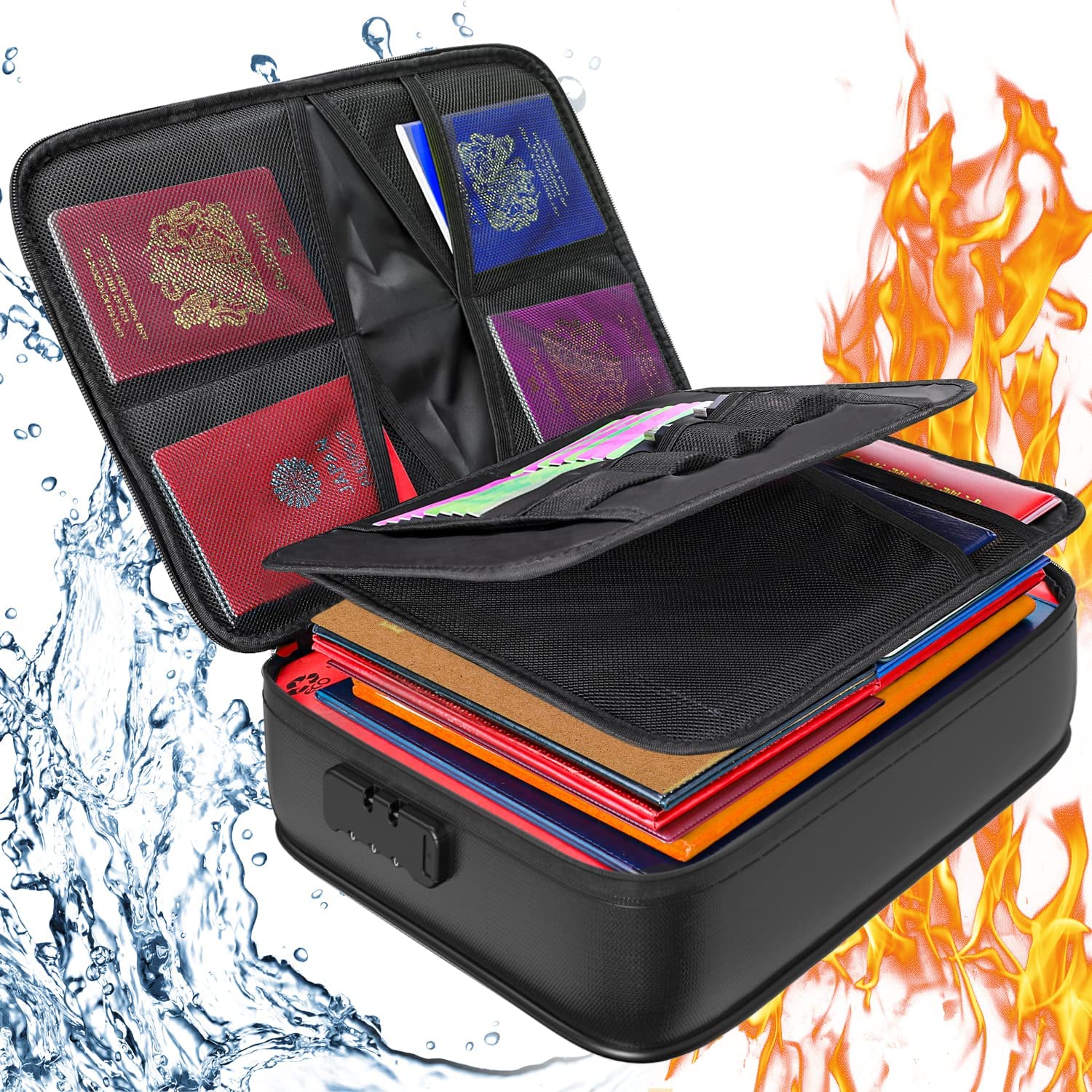 Qniglo Fireproof Document Box 2500℉, 14.2''× 10.6'' × 3.9'' Waterproof Double Zipper with Code Lock 5 Layers Heat Insulated Fireproof File Storage Box - for Passports Documents Contract Certificates