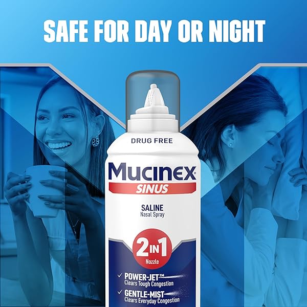 MUCINEX SINUS SALINE NASAL SPRAY & SINUS RINSE, DRUG-FREE, ADDITIVE FREE, NON-DROWSY NASAL IRRIGATION WITH 2-IN-1 JET + MIST SPRAY NOZZLE FOR COLD & ALLERGY SEASON, 4.5OZ SALINE SOLUTION SPRAY