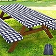 Smiry Picnic Table Cover with Bench Covers, Waterproof Elastic Fitted Tablecloths for 6 Foot Rectangle Tables, Washable Buffalo Plaid Tablecloth for Camping, Outdoor (Navy & White, 30"x72")