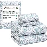 RUVANTI 100% Organic Cotton Sheets Queen Size, Percale Weave, GOTS Certified, 4-Piece Set, Deep Pocket 15", Crisp & Breathable, Soft Durable Bedding, Sábanas Algodón Orgánico – Cold Chrysanthemum