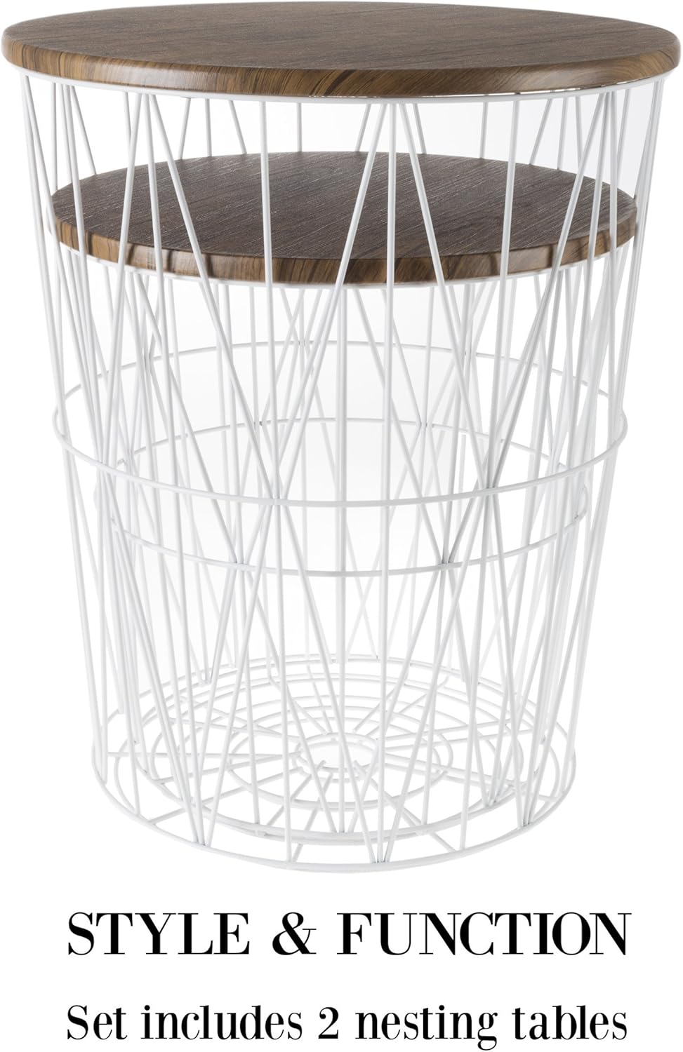 Lavish Home Convertible Round Metal Basket Veneer Wood Top Accent Side Home and Office Nesting End Tables with Storage- (Set of 2), White: Home & Kitchen