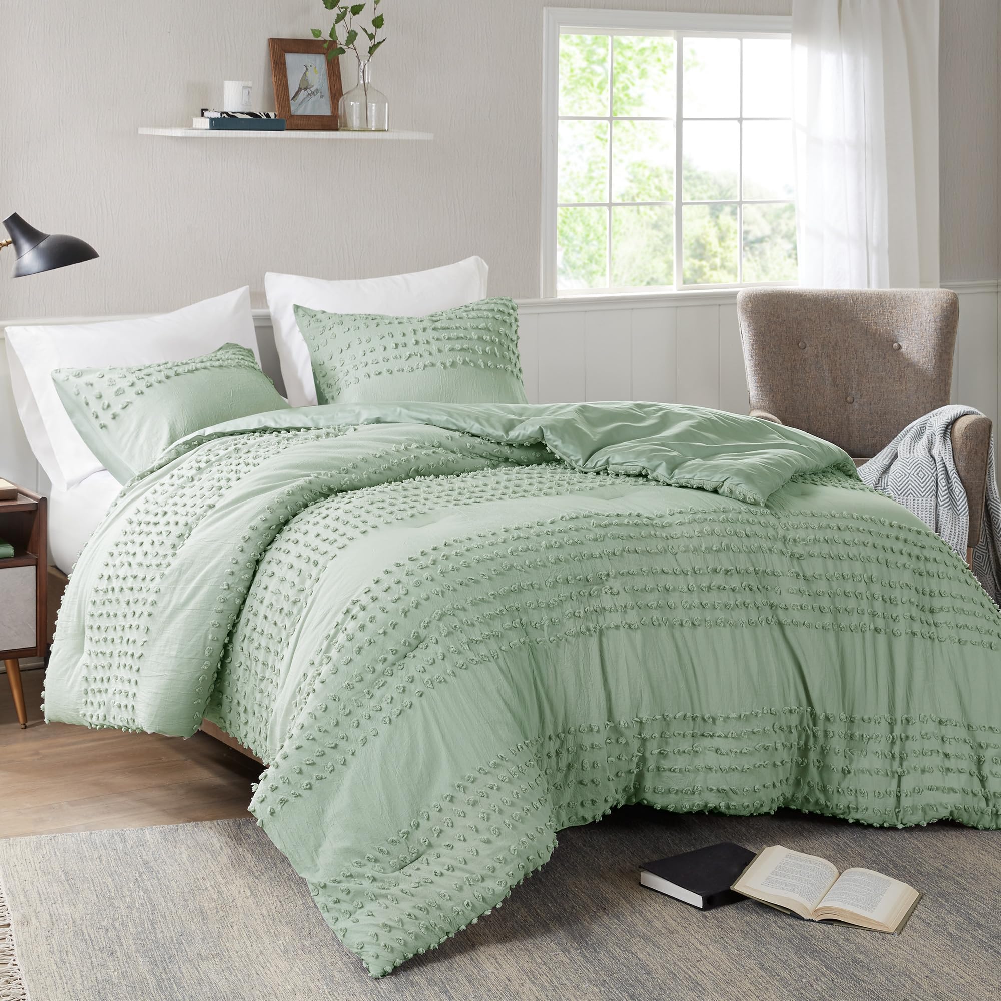 Comfort Spaces Twin Comforter Set Jacquard Pom-Pom Tufts Boho Comforter for Twin Size Bed, MIcrofiber Reverse, All Season & Lofty Twin Bedding Set & Sham, Phillips, Twin/Twin XL, Sage Green 2 Piece Image