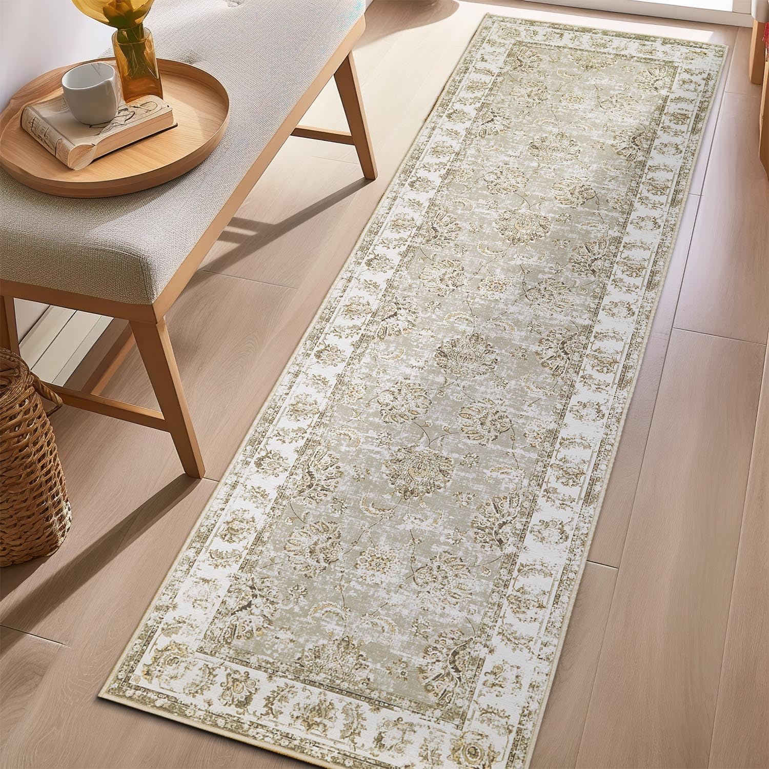 TOPICK Runner Rug 60x180cm Hallway Entrance Taupe Floral Washable Rug Thin Non Slip Carpet for Kitchen Bathroom Bedroom