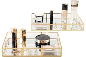 EQEY Perfume Tray Vanity Tray with Metal Frame, Gold Tray Bathroom Tray, Decorative Tray for Dresser Bathroom Jewelry or Home Decoration 2 Pcs (L+S)
