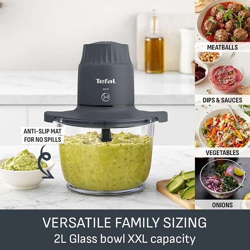 Choppeo MB603BG1 - Mini processador de alimentos, taça de vidro XXL de 2 litros com tapete antiderrapante, tampa de armazenamento, 2 velocidades, 500 W, cinzento