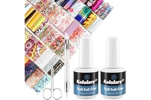 Kalolary 30ML Nail Foil Glue Gel with 80Pcs Foil Transfer Stickers Set, Holographic Nail Art Transfer Stickers DIY Decoration for Salon or Home Use