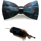 RBOCOTT Handmade Feather Pre-tied Bow tie and Brooch Sets for Men