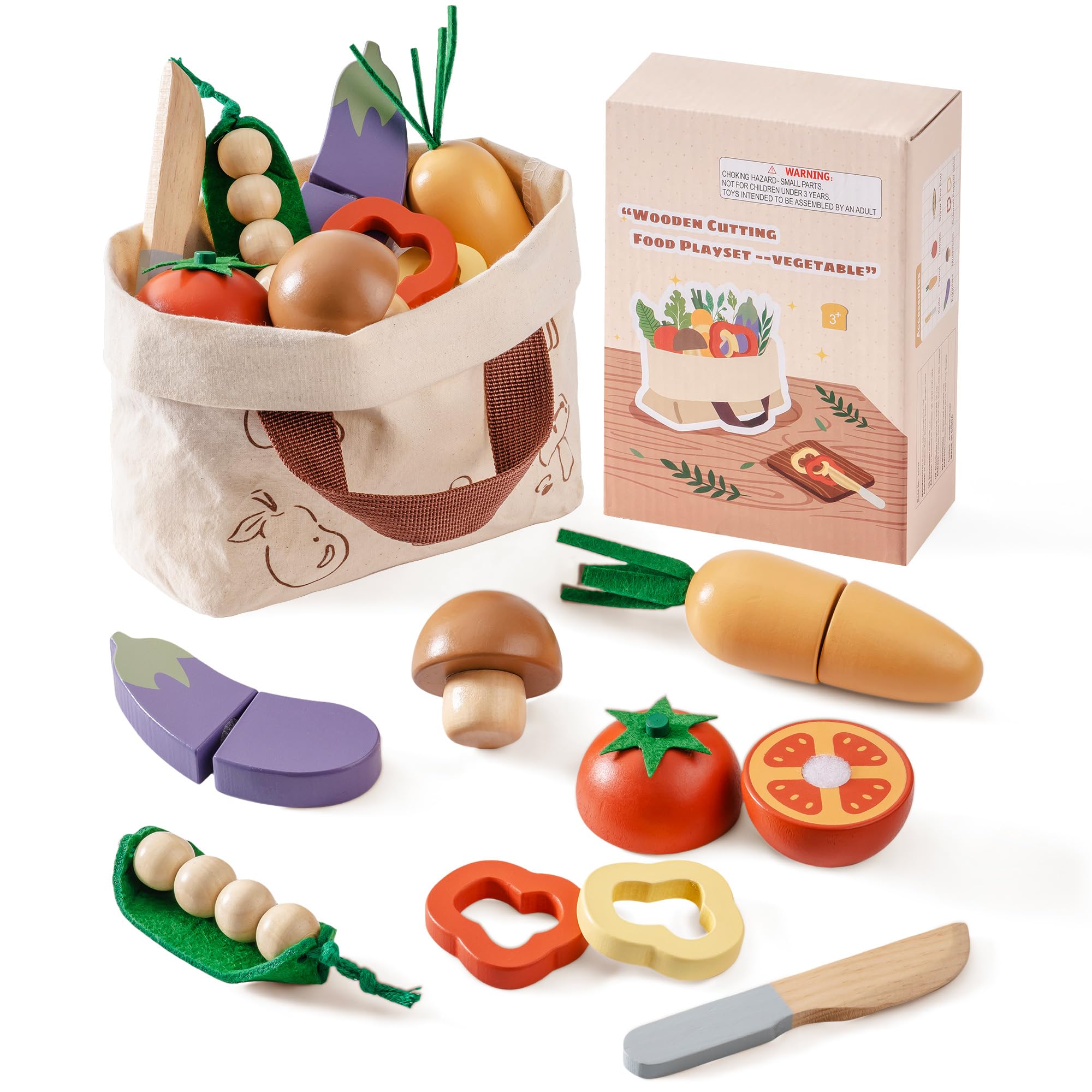 Photo 1 of **Eggplant and snap pea missing**ROBOTIME Wooden Play Food Cutting Vegetable Set, Pretend Play Toy Food for Play Kitchen with Shopping Bag – Kids Kitchen Accessories, Wooden Veggie Toys for Boys & Girls
