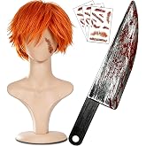 LENOAPHYS Chucky Wig Scar Tattoos 16 Inch Large Halloween Fake Knife Prop with Fake Blood for Chucky Costume Plastic Halloween Prop Knife for Costume Accessories Horror Cosplay