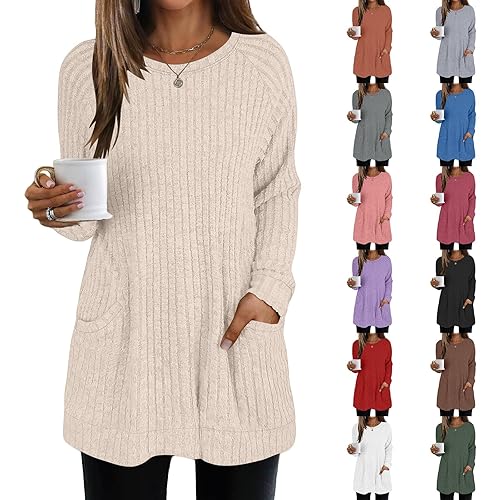 Jumpers for Women UK Women's Lightweight Jumpers with Pocket Long Sleeve Tops Women Casual Round Neck Ladies Long Tops to Wear with Leggings Ladies Lightweight Knit Jumper Womens Sweaters