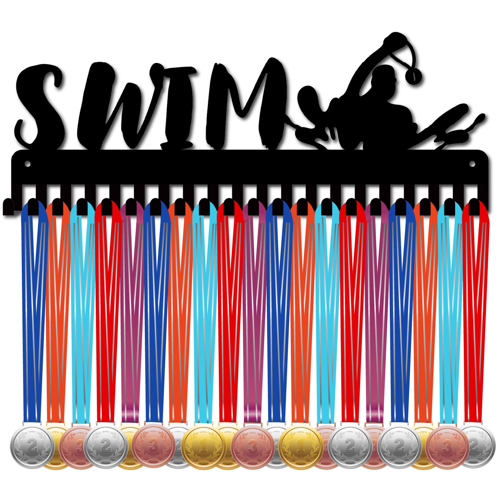 CREATCABIN Swim Medal Holder Medals Display Hangers Rack Black Metal Medals Shelf Plaques Hangers Organizer Medal Frame Wall Mounted Over 50 Medals for Award Ribbon Sport Race 15.7 x 6Inch