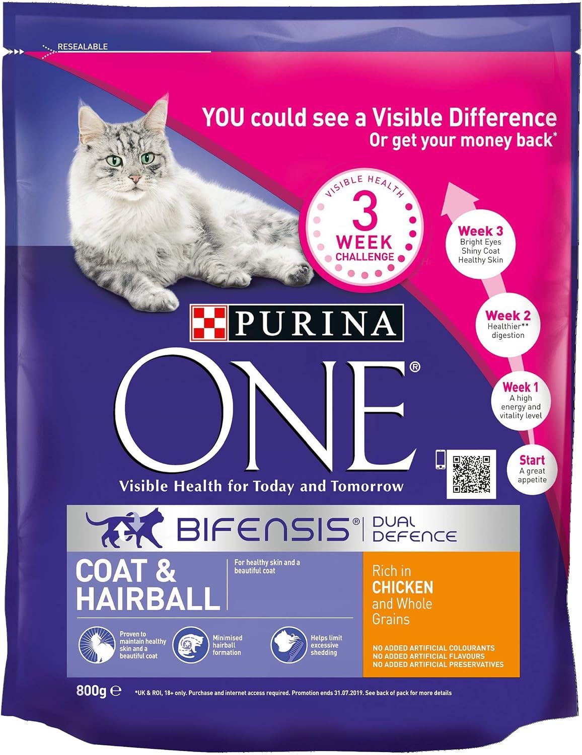 Purina ONE Coat & Hairball Dry Cat Food Chicken 800g (Pack of 4), Black, 800 g (Pack of 4) - Image 3