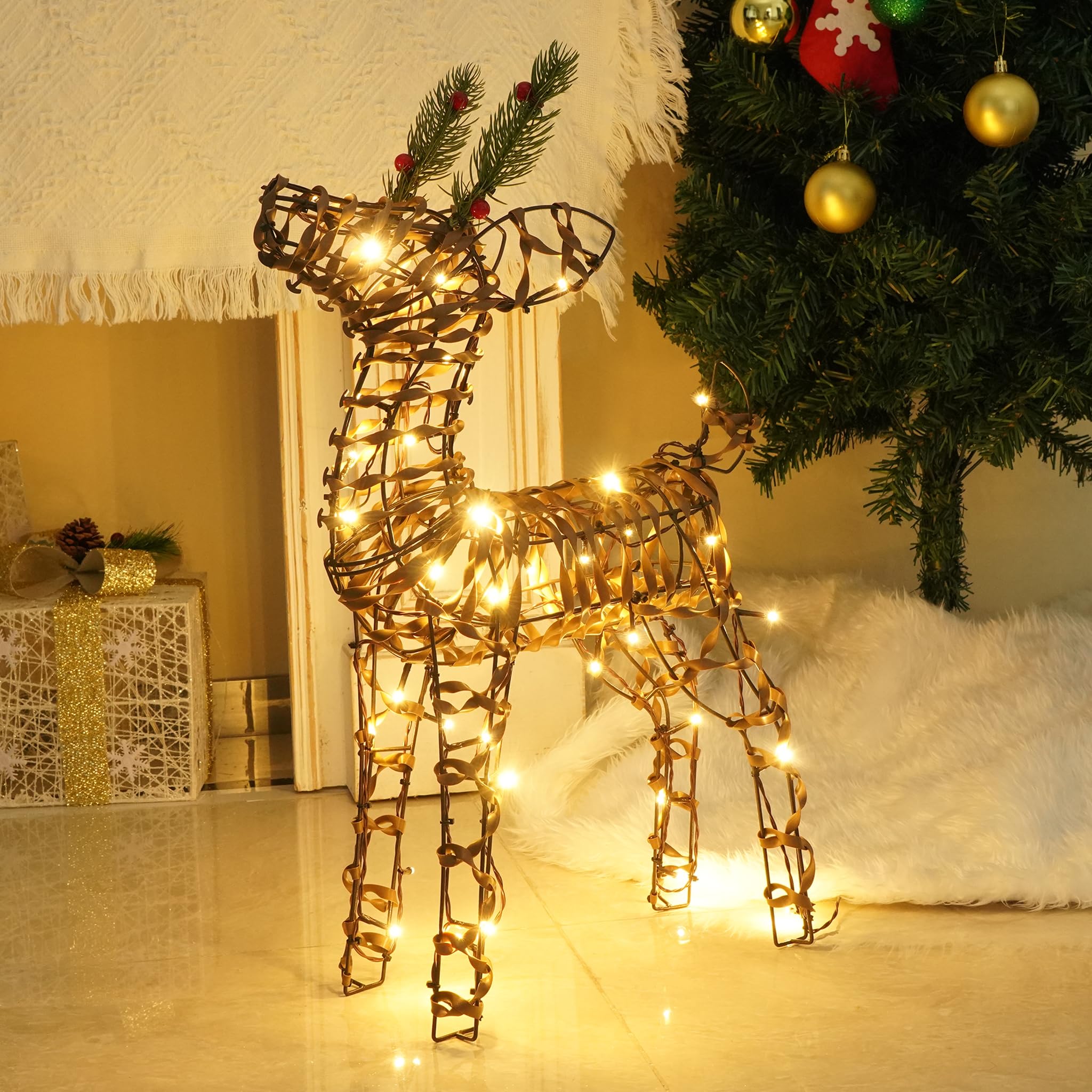 Photo 1 of Rattan Reindeer, 24 Inch Outdoor Christmas Decorations, Battery Operated Prelit Standing Reindeer with 24 Warm White LED Lights in for Indoor Outdoor Holiday Lawn Patio Garden Decor Outdoor
