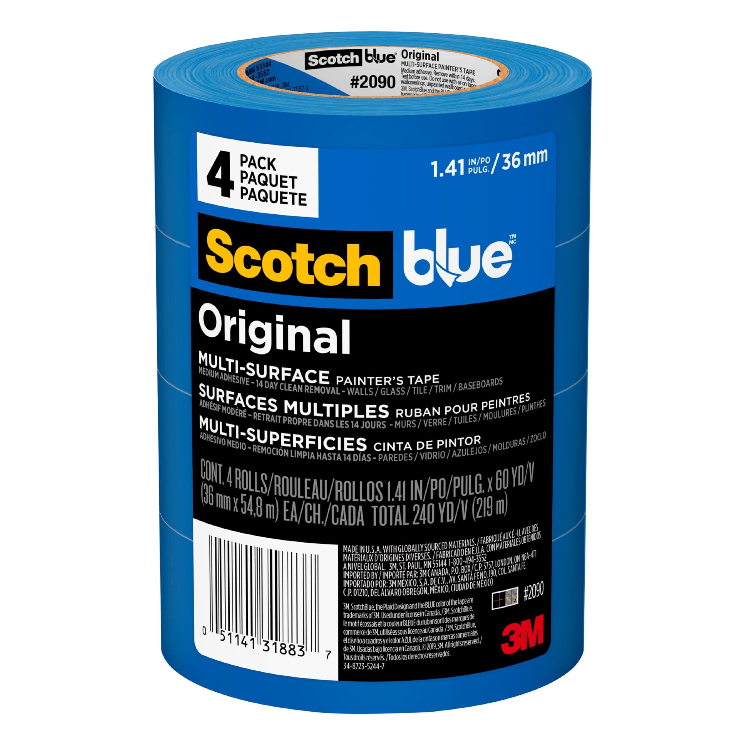 ScotchBlue Original Multi-Surface Painters Tape, 1.5 Inch Wide (1.41 In. x 60 Yds) 4 Rolls, Blue Paint Tape Protects Surfaces and Removes Easily, Masking Tape for Indoor and Outdoor Use (2090-36EP4)