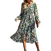 PRETTYGARDEN Women's Floral Boho Dress Fall Long Sleeve Wrap V Neck Ruffle Flowy Maxi Spring Wedding Guest Vacation Dresses