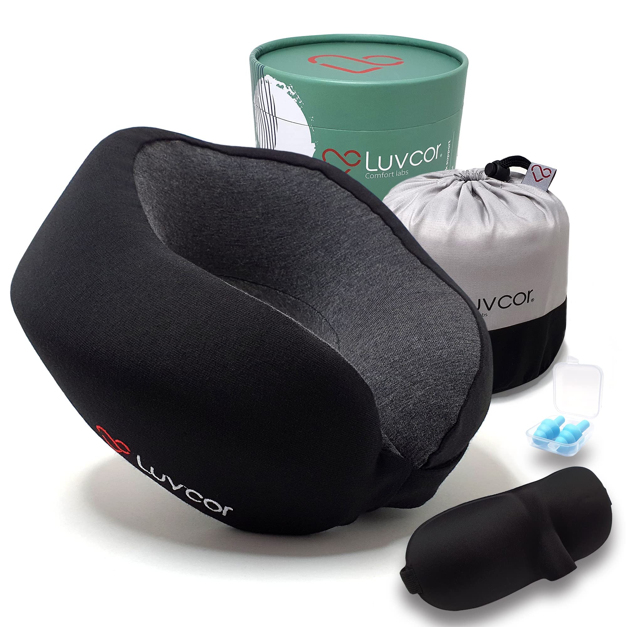 Photo 1 of Luvcor Premium Quality Memory Foam Travel Neck Pillow Bundle - Best Ergonomic Pillow for Airplane Travel, car Ride, Sleeping. Comes with Eye mask, earplugs and Storage Bag.(Stealth Black)