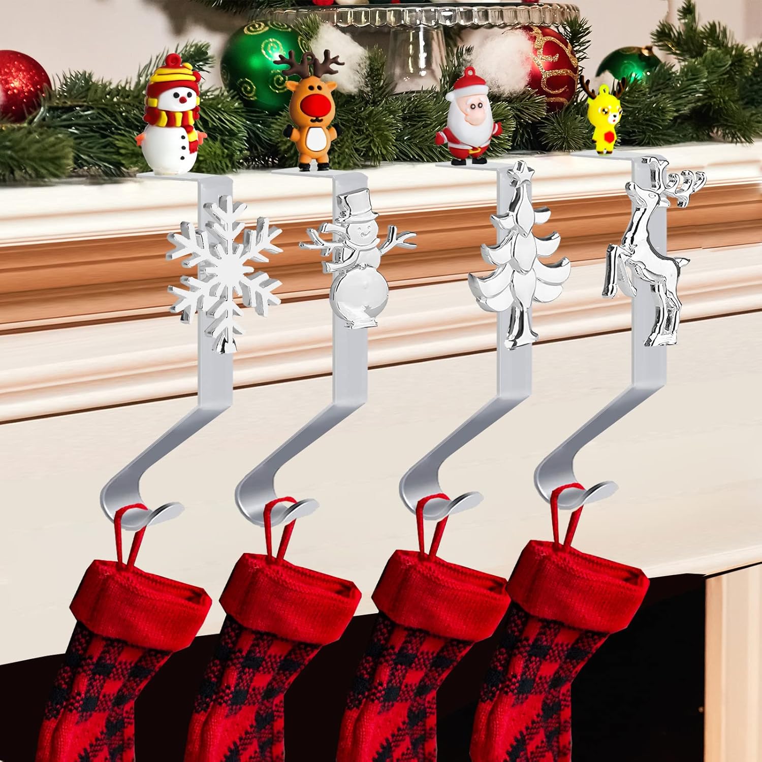 Stockings & Holders - Rtudan Christmas Stocking Holders for Mantle Set of 4, Christmas Stocking Hooks for Fireplace Stocking Mantle Holders, Christmas Stocking Hangers for Mantel with 4 Christmas Cartoon Decorations