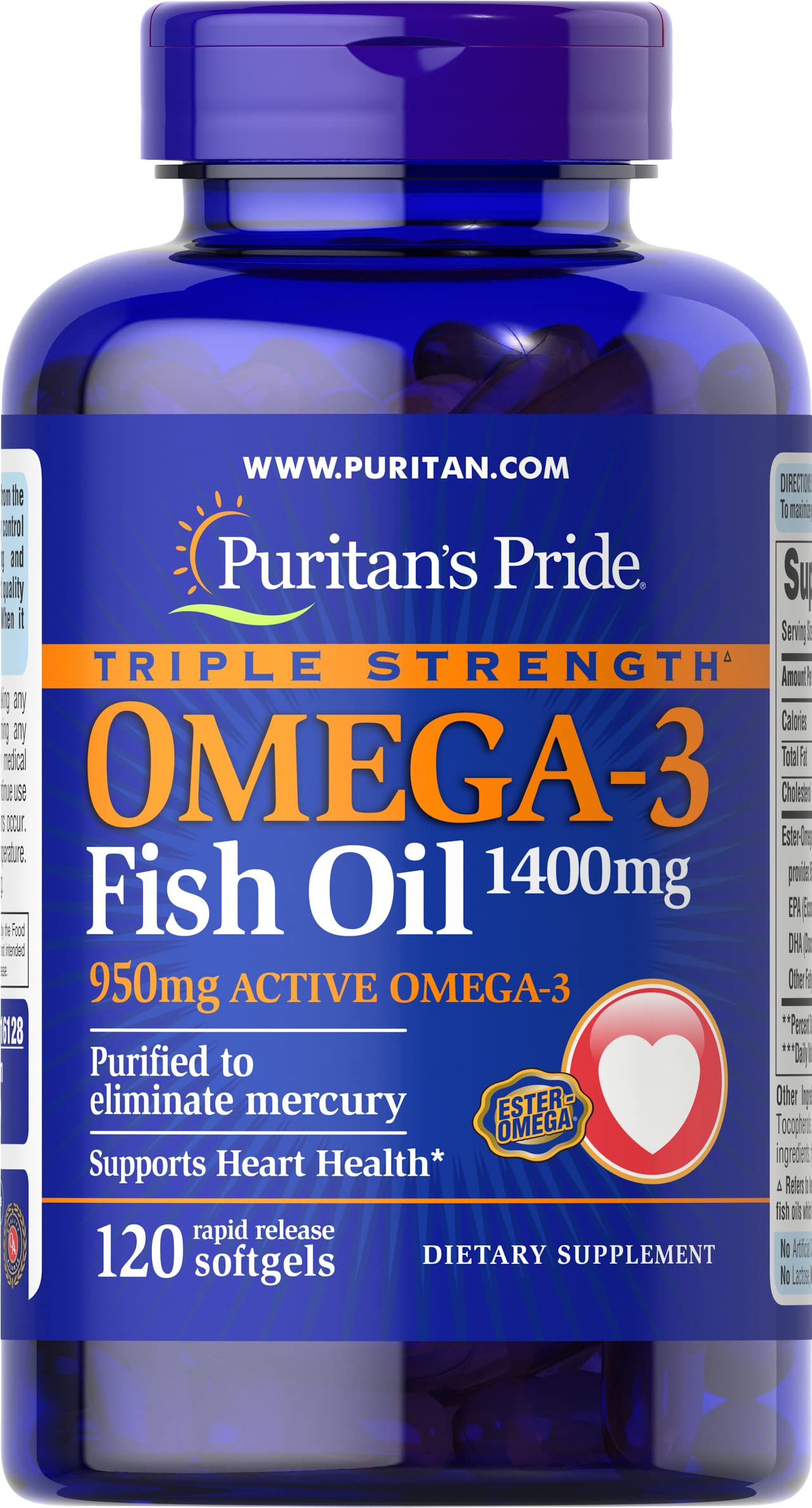 Puritan’s Pride Omega-3 Fish Oil 1360 mg Softgels, 120 Count