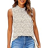 SimpleFun Womens Tank Tops Ruffle High Neck Pleated Summer Blouses Floral Sleeveless Shirt