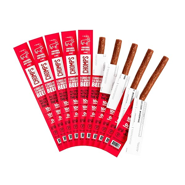 CHOMPS GRASS-FED AND FINISHED ORIGINAL BEEF JERKY SNACK STICKS 10-PACK – KETO, PALEO, WHOLE30, 10G LEAN MEAT PROTEIN, GLUTEN-FREE, ZERO SUGAR FOOD, NON-GMO