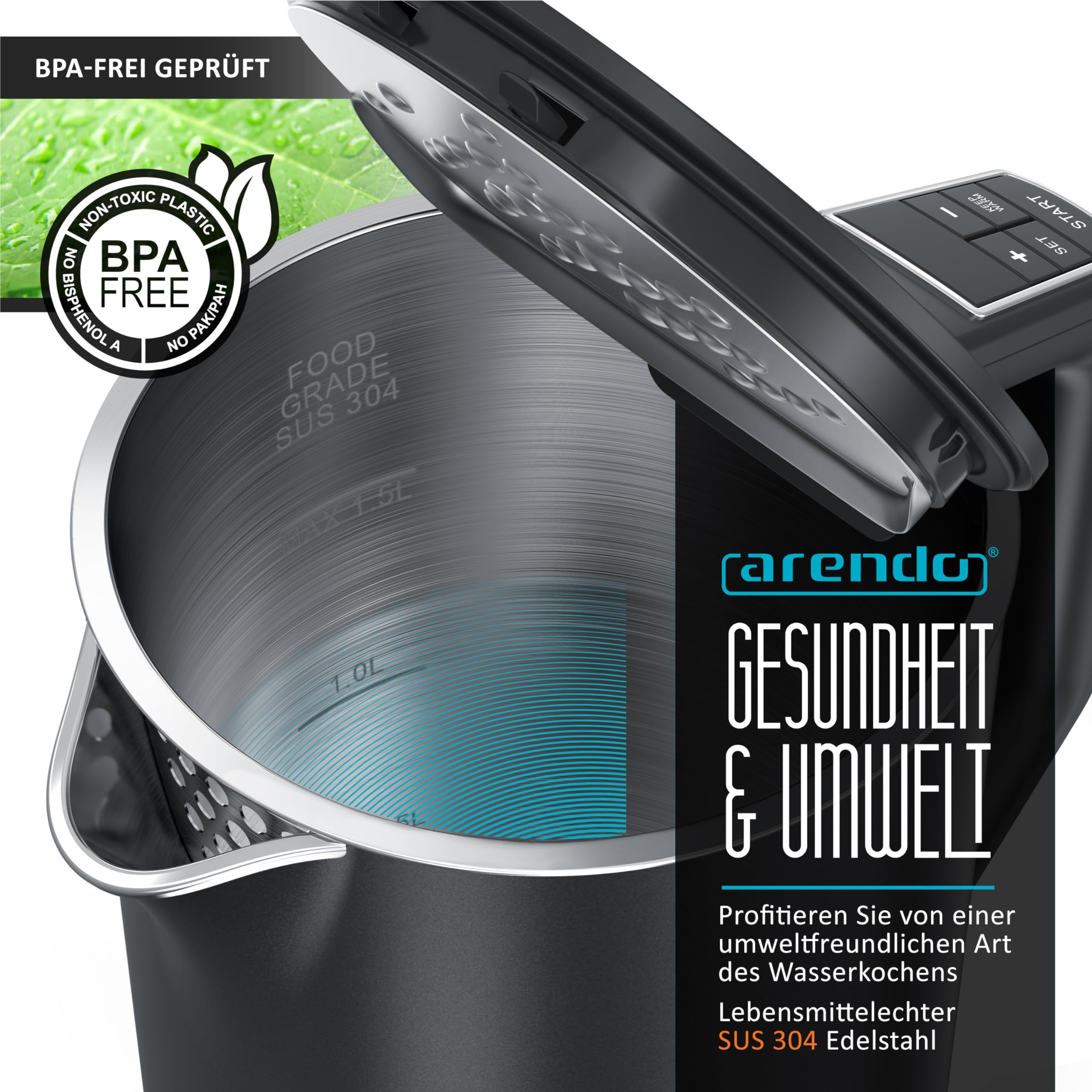 Arendo - Edelstahl Wasserkocher mit Temperatureinstellung 40-100 Grad in 5er Schritten - Doppelwand Design - Modell ELEGANT - 1,5 Liter - 2200 W - Teekocher mit Temperaturanzeige - GS - Pearl Grey 4