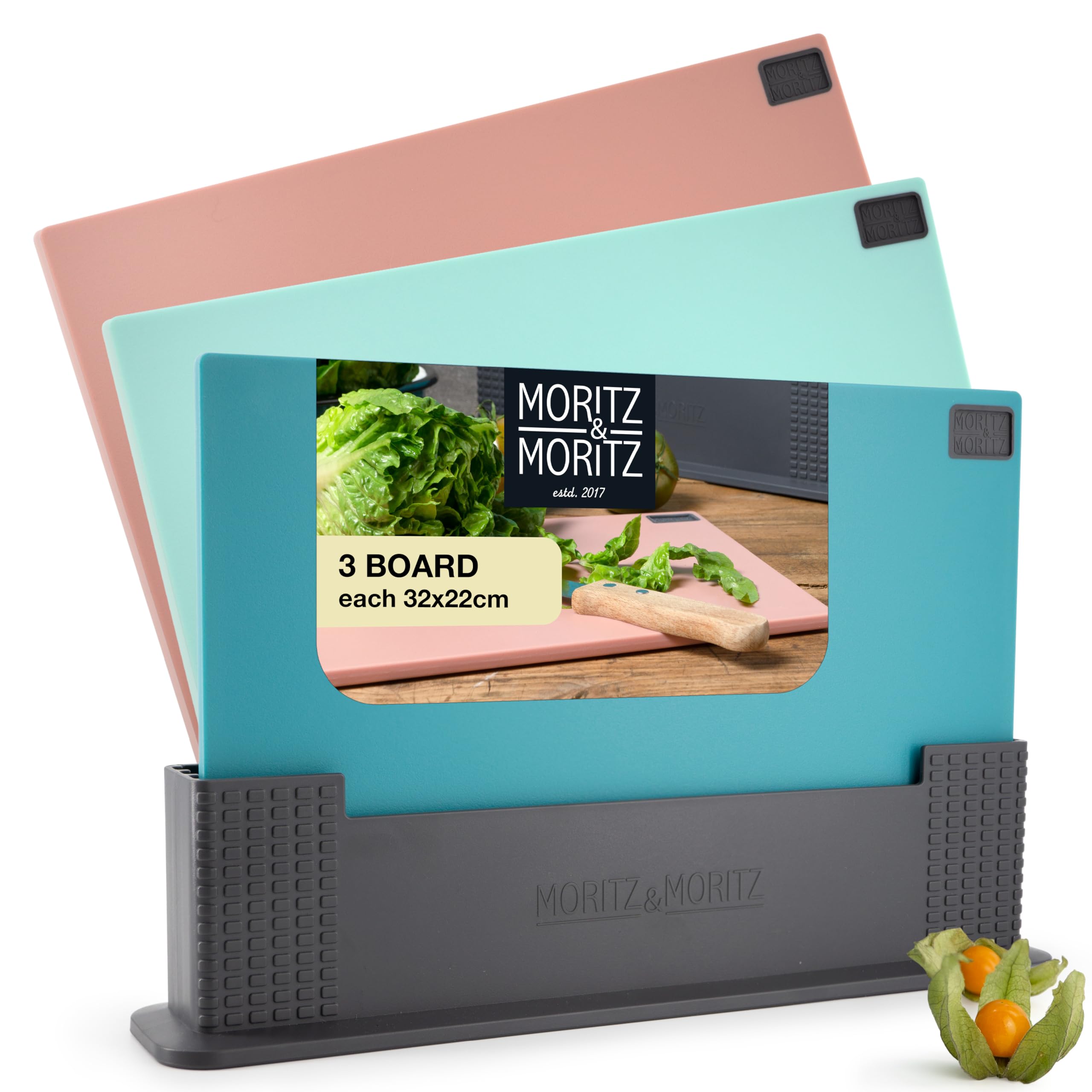 Moritz & Moritz 3X Colourful Chopping Board Set with Stand 32 x 22 cm - Chopping Boards for Kitchens with Anti-Slip Studs for Safe Cutting - Cutting Boards in a Cutting Board Stand