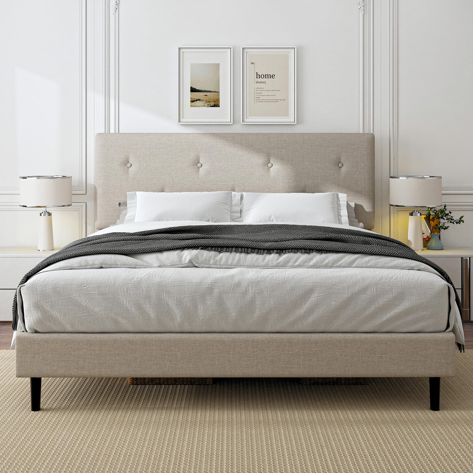 Photo 1 of Mxhtcewz King Size Linen Bed Frame, Upholstered Platform Bed Frame with Adjustable Headboard, Wooden Slats Support, Easy Assembly, No Box Spring Needed, Beige