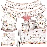 95th Birthday Decorations for Women - Rose Gold Party Decorations 95th Birthday Tableware Set Plates,Napkins,Tablecloth Rose Gold Floral Table Decoration for Men Women Birthday,95 Fabulous Decorations