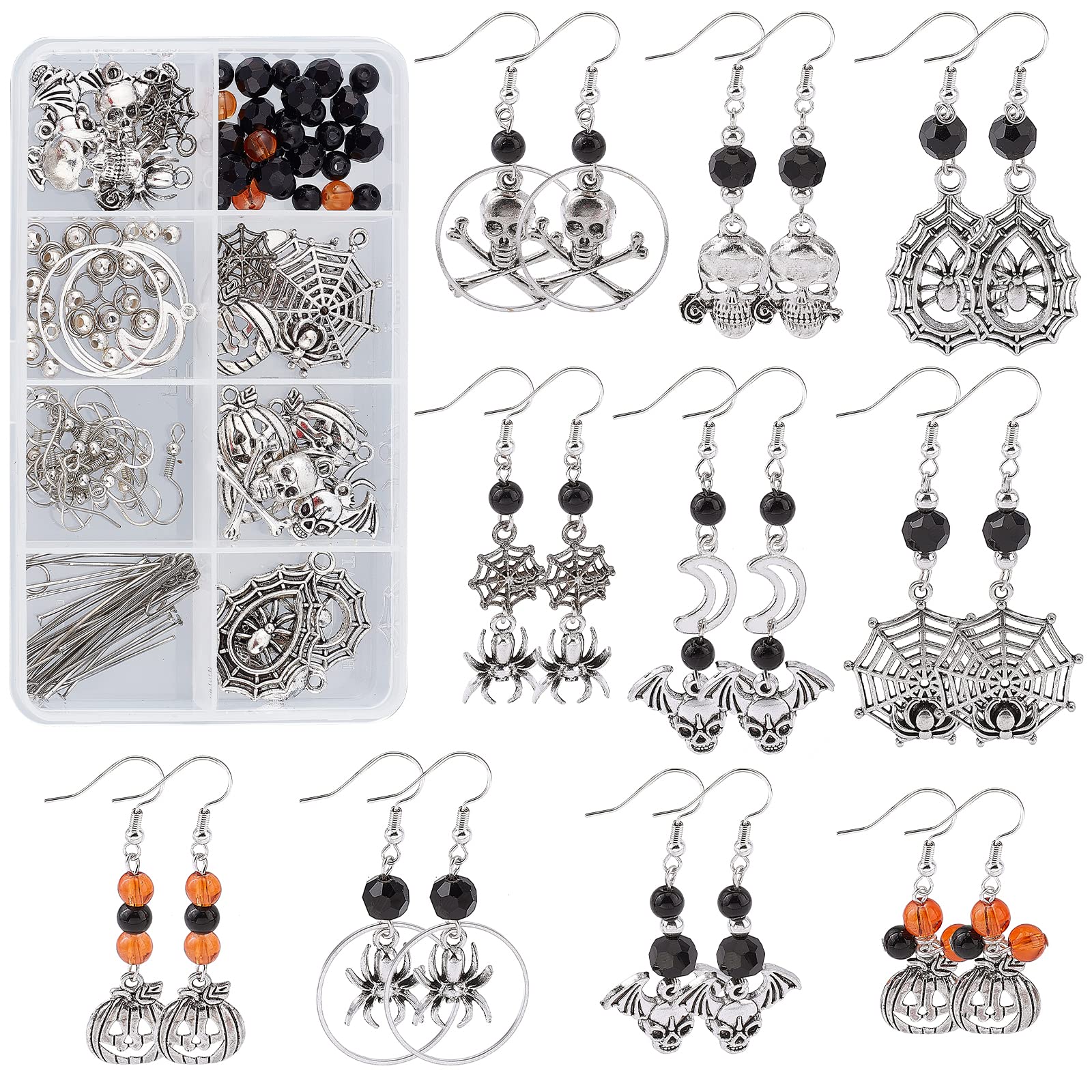 SUNNYCLUE 1 Box DIY 10 Pairs Halloween Charms Pendants Spider Charms Earring Making Kit Skull Charms for jewellery Making Bat Spider Web Charms Pumpkin Jack-O'-Lantern Craft Adult Women Instruction