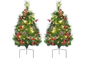 Happygrill Set of 2 29 inch Outdoor Pathway Christmas Trees, Pre-Lit Christmas Trees with 30 LED Lights, 8 Light Modes, Porch Christmas Trees for Holiday Decoration