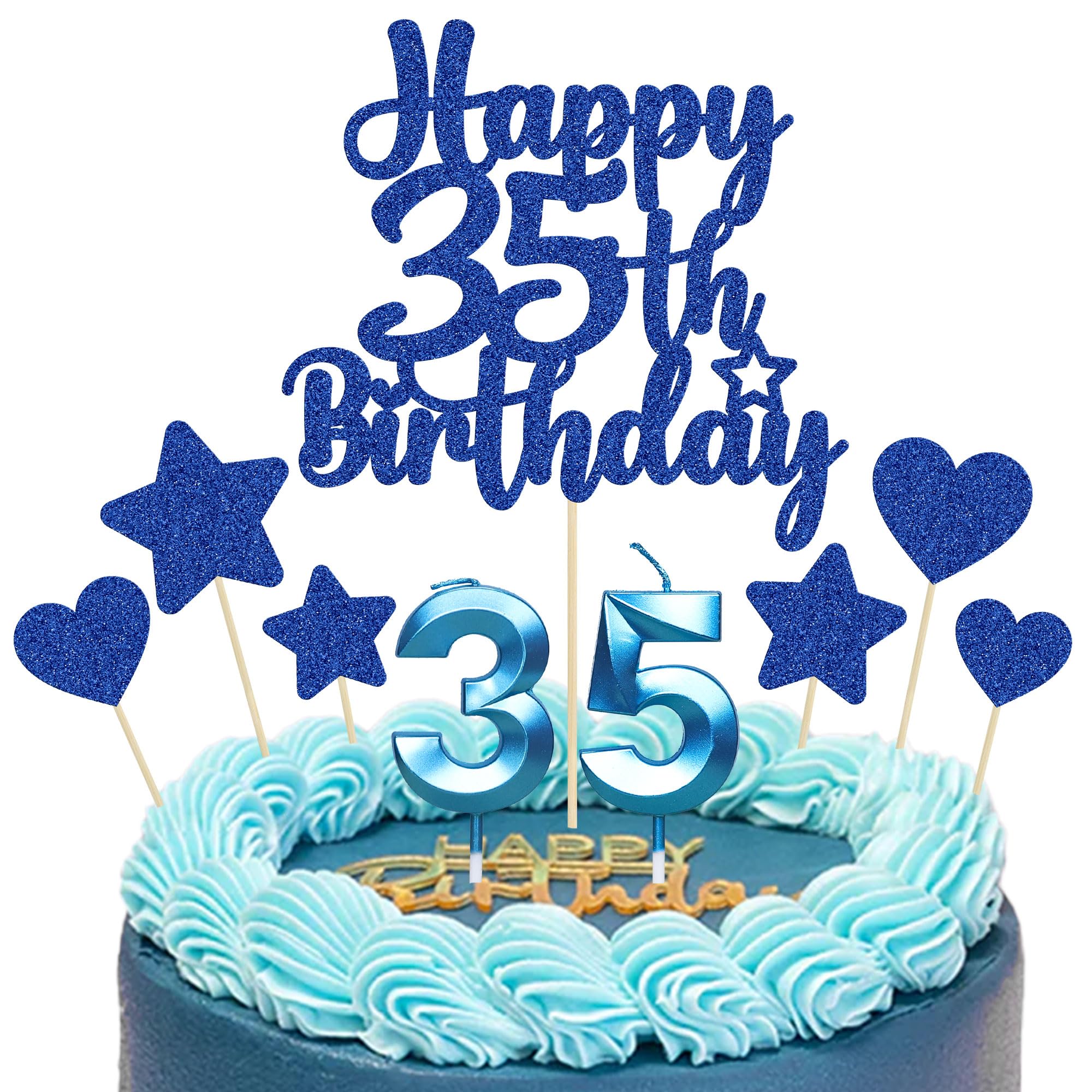 Gyufise 15Pcs Happy 35th Birthday Cake Topper Set with Heart Star Glitter Cheers to 35 Years Cake Picks Number 35 Candles Cake Decorations for Happy 35th Birthday Anniversary Party Supplies Blue — image 1