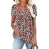 ROSELINLIN Women's Short Sleeve Shirts Floral Summer Tops Loose Fit for Leggings