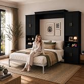 BEQAI Murphy Bed Queen with 2 Storage Cabinets and USB Port, Black and Grey | Farmhouse wood wall bed folds into a hidden cabinet to save floor space, ideal for guest rooms, apartments and bedrooms.