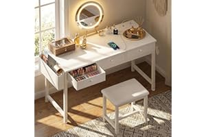 KAI-ROAD White Makeup Vanity Desk with Mirror and Lights Big Vanitys Set with Chair, Drawers and Power Outlet, Dressing Table Vanities for Girls Bedroom 47“