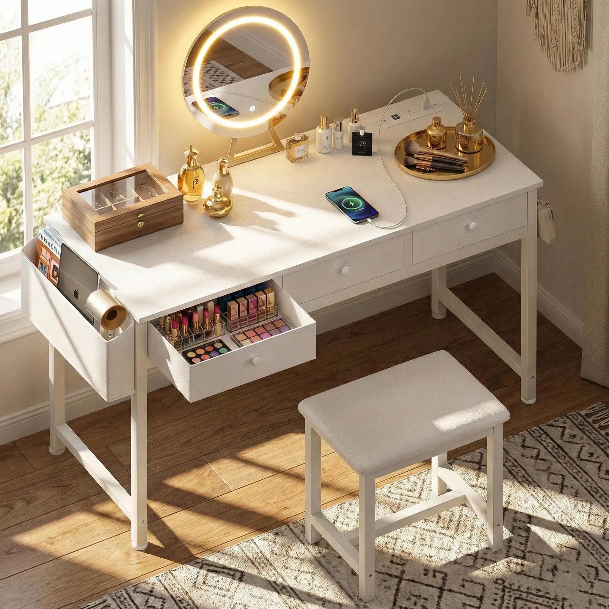 KAI-ROAD White Makeup Vanity Desk with Mirror and Lights Big Vanitys Set with Chair, Drawers and Power Outlet, Dressing Table Vanities for Girls Bedroom 47“