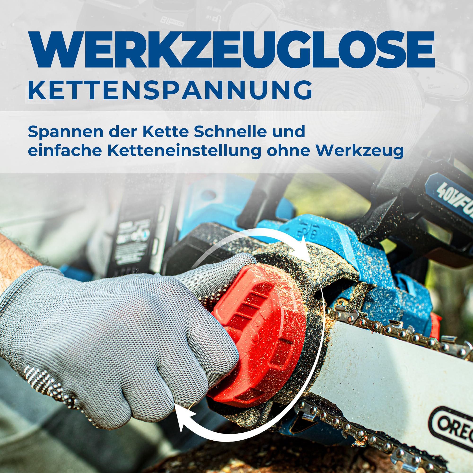 Dong Cheng Bürstenlose Akku Kettensäge 40V(2×20) V mit Oregon-Führungsschiene und Kette, werkzeuglose Kettenspannung, 38cm Schnittlänge, 14m/s Kettengeschwindigkeit für Holz und Gartenarbeit 5