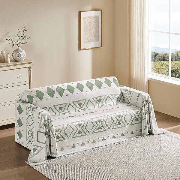 MAYMISS BOHO COUCH COVER FOR DOGS WASHABLE CHENILLE SOFA COVERS REVERSIBLE SOFA SLIPCOVER PET FRIENDLY FOR SECTIONAL SOFA, 2 OR 3 CUSHION COUCH (BOHO3 SAGE GREEN, 91″ X 118″)