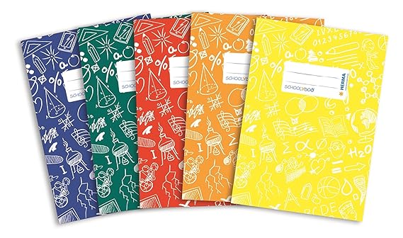 Herma 20211 Heftumschläge A4 Schoolydoo, Kunststoff, Set mit 5 Stück, je 1 Heftschoner blau, rot, grün, gelb, orange, mit Mot