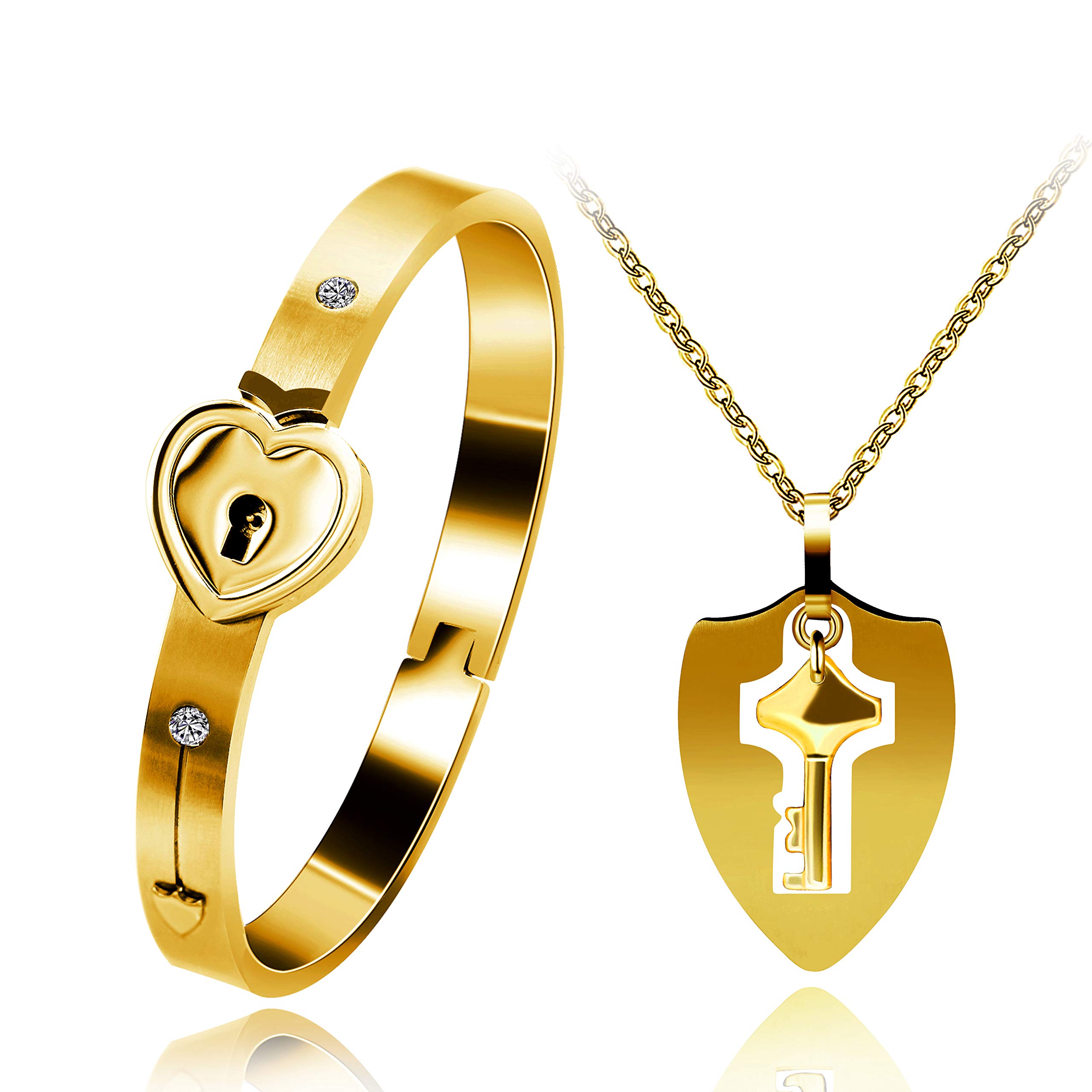Uloveido Heart Lock Bracelet Bangle & Shield Key Necklace Couples Jewelry, Lover Gifts for Valentines Day Birthday Christmas Wedding Anniversary Y473 (Gold-1) — image 1