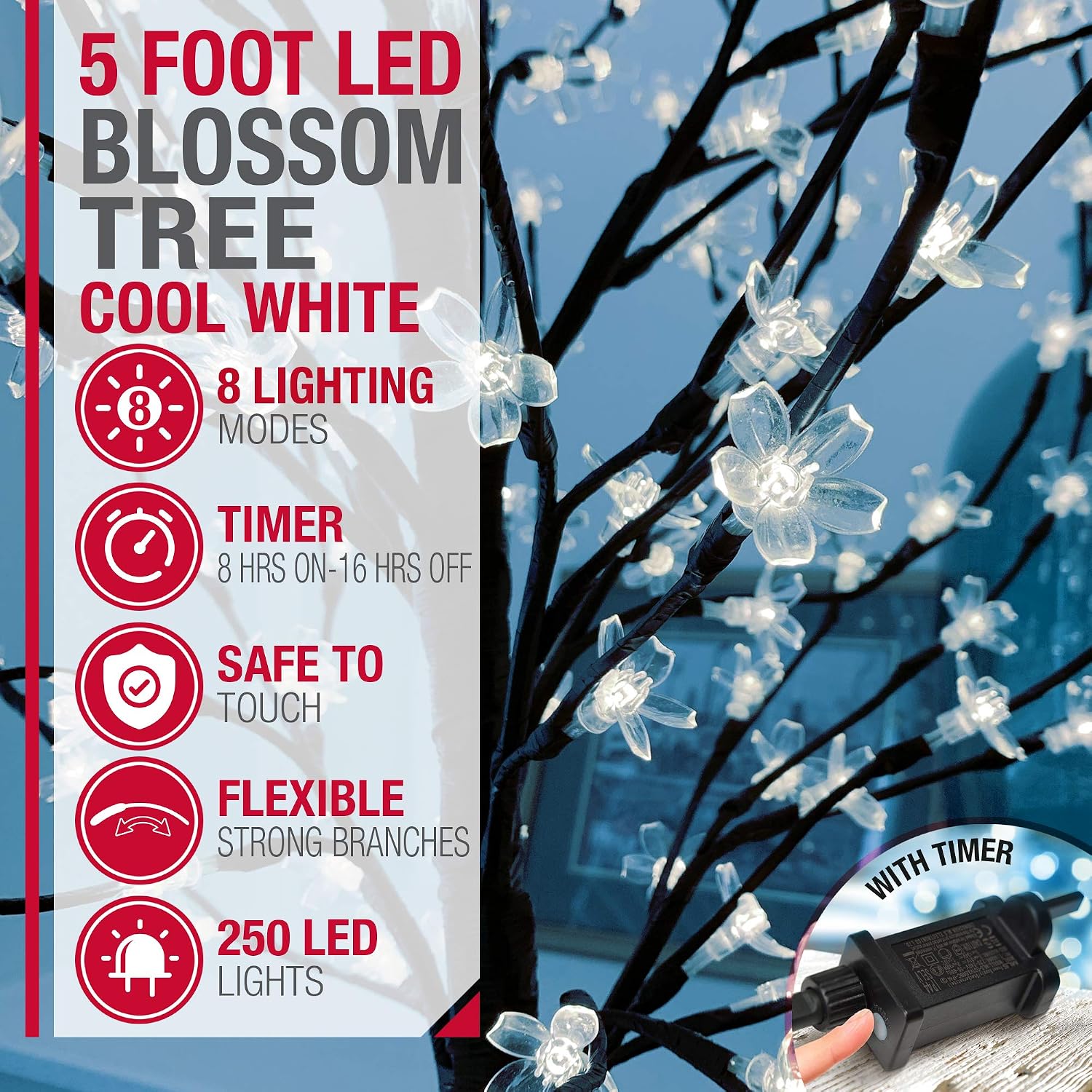 NETTA 5FT LED Cherry Blossom Tree, Pre-Lit 250 Lights, Auto-Off Timer and 8 Lighting Modes, 3M Power Cable - Image 3