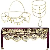 Women Gypsy Costume Accessories Gypsy Small Coins Headpiece Harness Bracelet and Bellydance Hip Scarf for Halloween