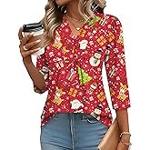 IECCP 3/4 Length Sleeve Womens Tops Dressy Casual Henley V-Neck Summer Tops Pleated T-Shirts Loose Fit Work Blouses