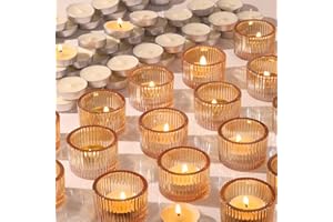 NITIME 30Pcs Ribbed Gold Candle Holders for Table Centerpiece, Gold Tea Light Candle Holders with 32pcs Tea Light Candles for Wedding Decor, Diwali, Home and Party Decor