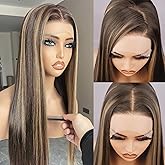 BLL Highlight Lace Front Wig, 13x4 Honey Blonde Synthetic Pre-Plucked Long Straight Glueless Hd Lace Wigs 26Inch 4/30 Brown B