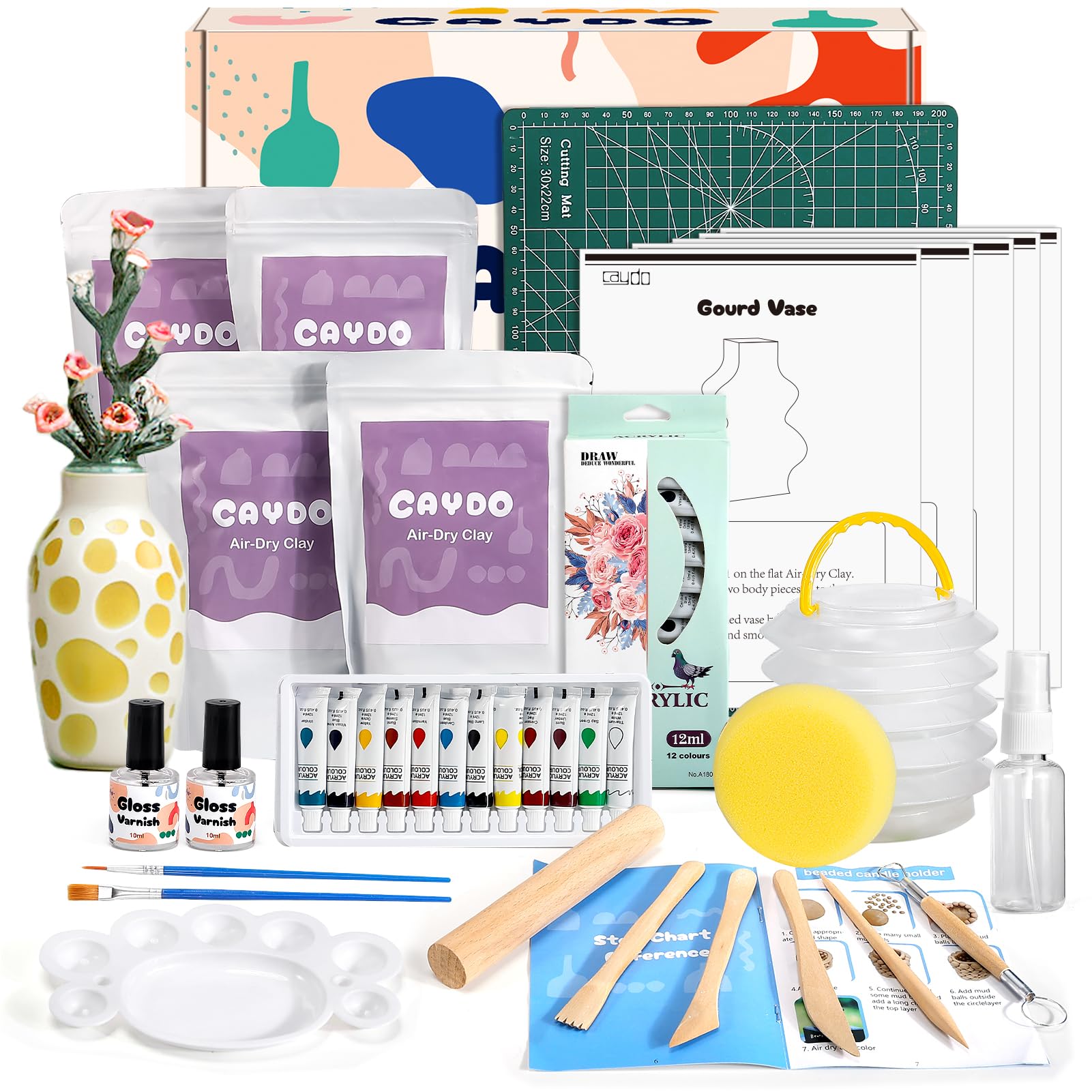 Caydo 2KG Air Dry Clay Pottery Kit for Beginners and Adults - DIY Craft Set with 5 Pottery Template Kit, Tools, Acrylic Paints, Varnish and Step-by-Step Guide - Ideal for Ceramic Kit and Gift