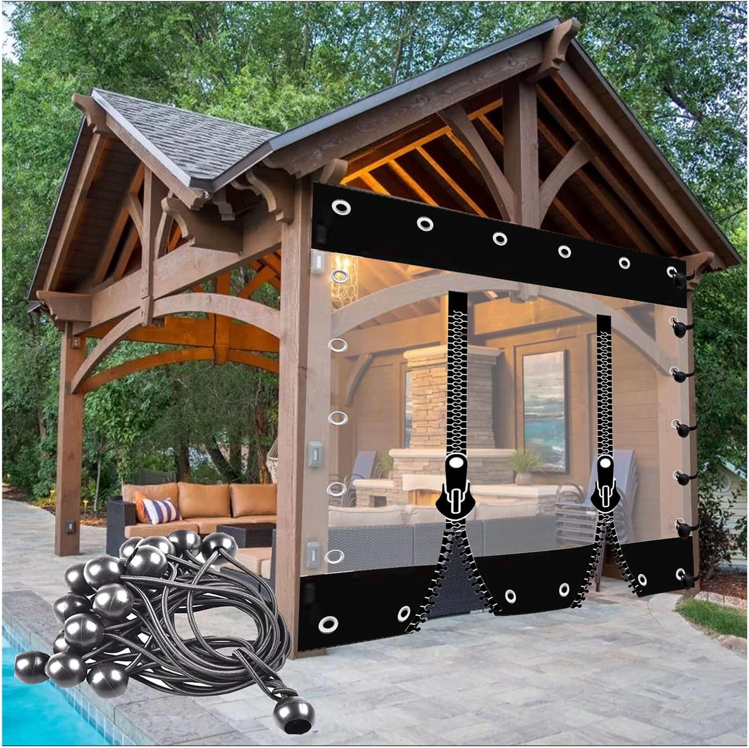 Outdoor Curtains - Heavy Duty PVC Waterproof Tarpaulin Outdoor Vinyl Clear Tarpaulin Curtains, with Grommets and Zip Tent Tarp Side Panels, for Gazebos Greenhouse JIwqDY (Color : 0.5mm Black, Size : 2.8x3.7m/9.2x12.1f